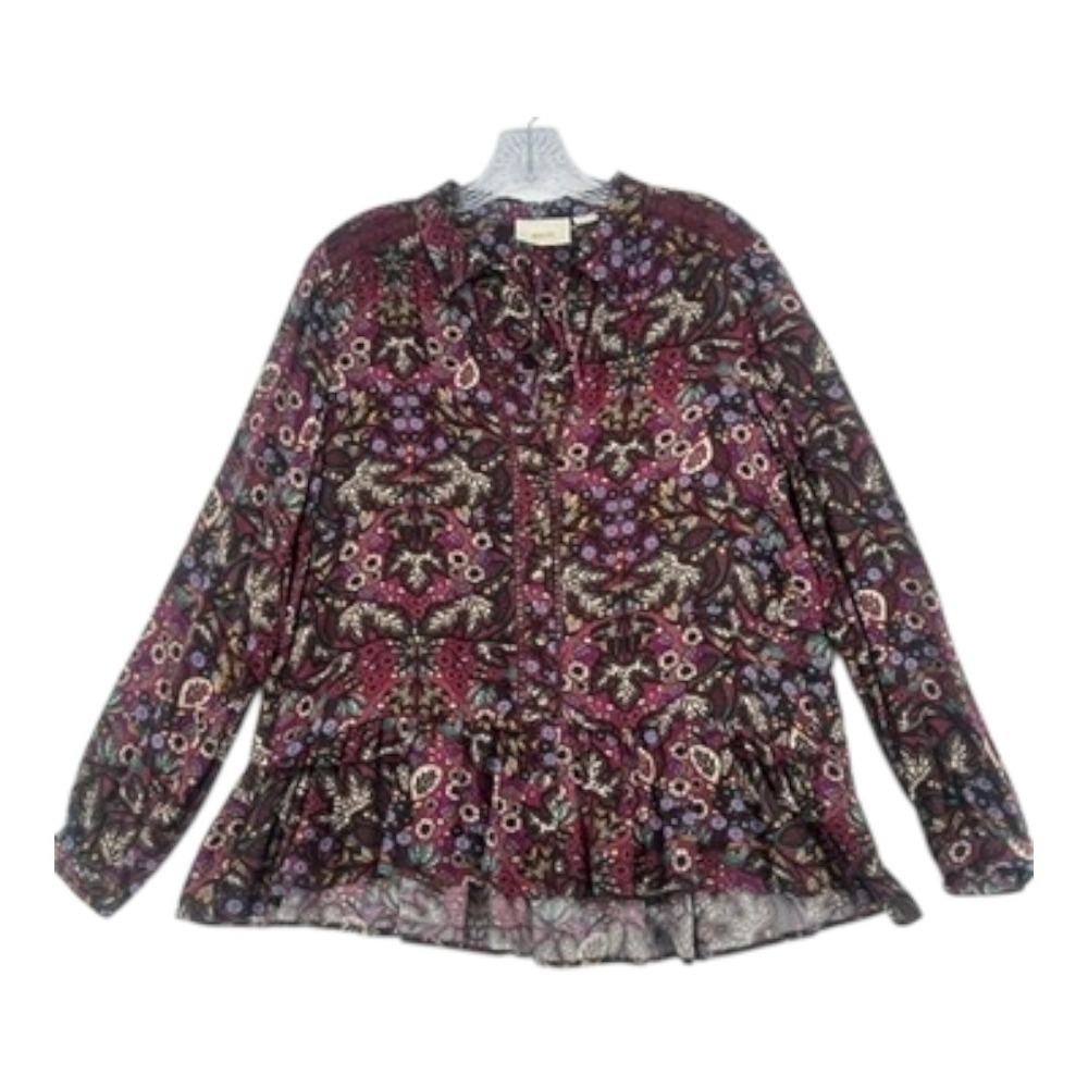 Maeve Anthropologie Boho Floral Peplum Blouse Burgundy‎ Size 6